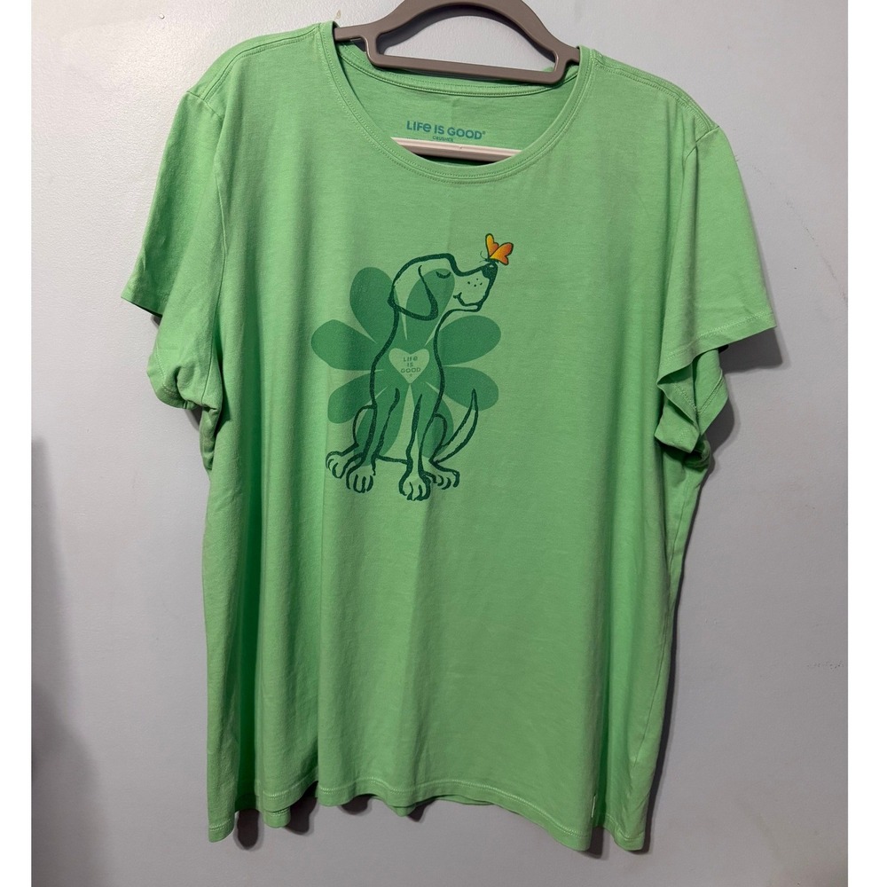 Life is Good XXL Green Crusher Tee Dog Butterfly Clover Graphic T-Shirt 2605